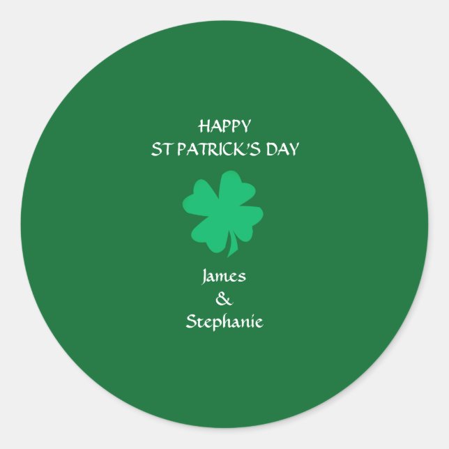 Happy St Patrick's Day Custom Name Green Shamrock Classic Round Sticker (Front)