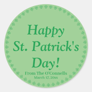 Happy St. Patrick's Day custom text clover green Classic Round Sticker