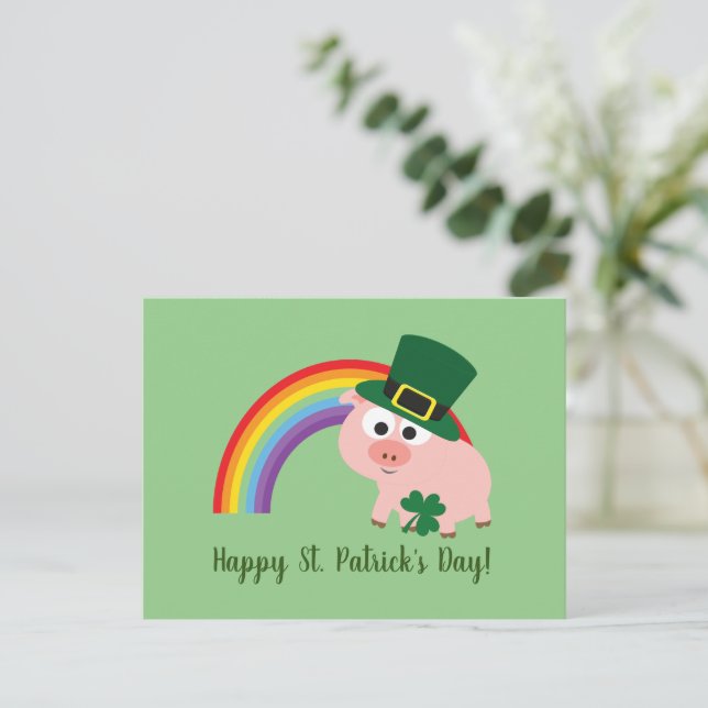 Happy St. Patrick's Day Cute Leprechaun Pig Postcard (Standing Front)