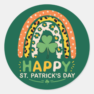 Happy St Patrick's Day Cute Rainbow Leopard Classic Round Sticker