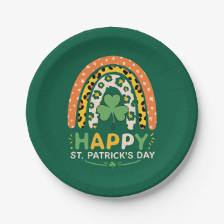 Happy St Patrick's Day Cute Rainbow Leopard Paper Plate
