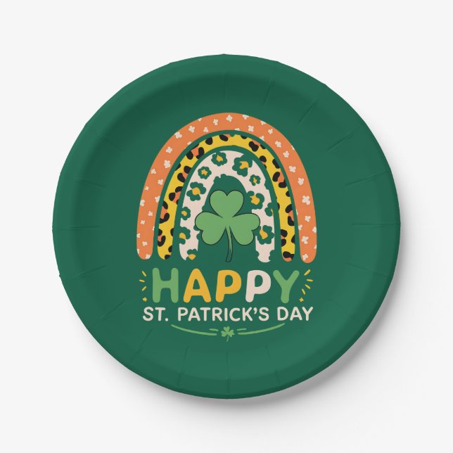 Happy St Patrick's Day Cute Rainbow Leopard Paper Plate (Front)