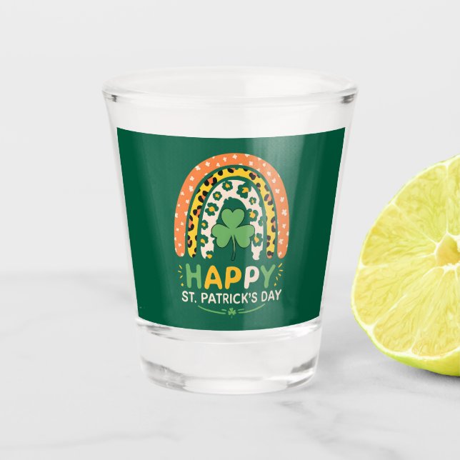Happy St Patrick's Day Cute Rainbow Leopard Shot Glass (Front)