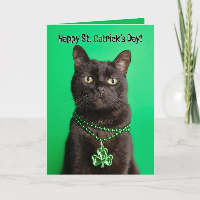 Happy St Patricks Day Day Cat in Shamrock Holiday Card (Front)