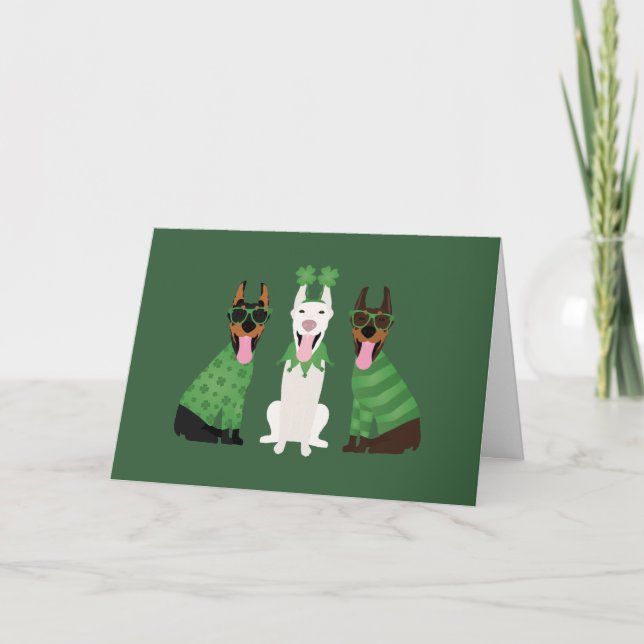 Happy St Patricks Day Dobermann Dogs Holiday Card (Front)