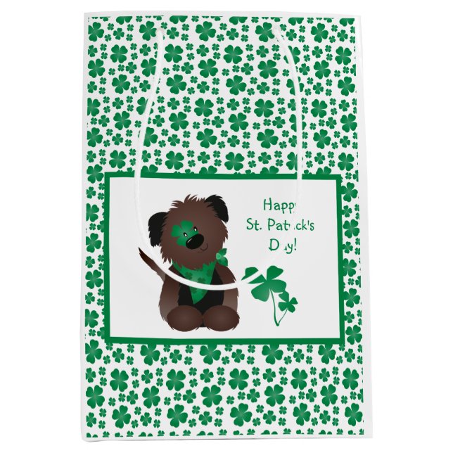 Happy St Patricks Day Dog Four Leaf Clover Green Medium Gift Bag (Front)