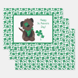 Happy St Patricks Day Dog Four Leaf Clover Green Wrapping Paper Sheet