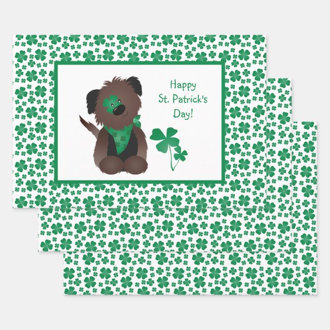 Happy St Patricks Day Dog Four Leaf Clover Green Wrapping Paper Sheet (Set)