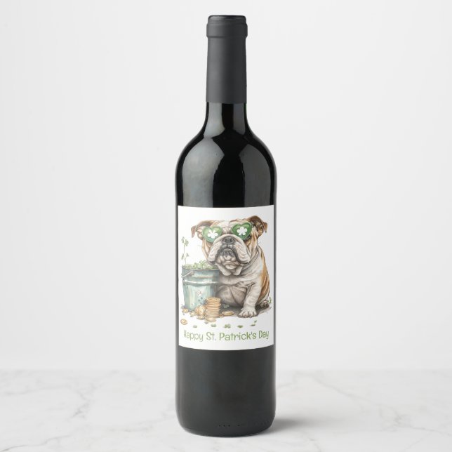 Happy St. Patrick's Day English Bulldog Wine Label (Front)