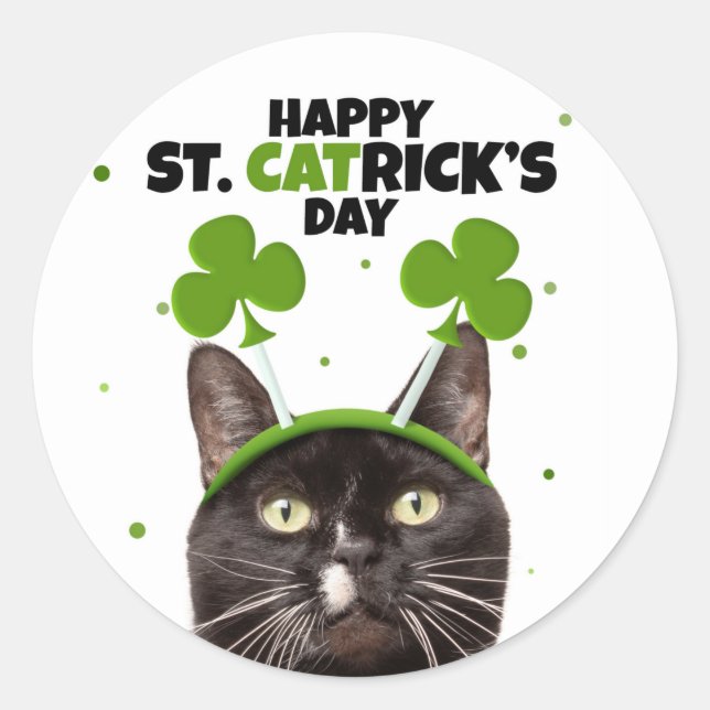 Happy St Patricks Day For Anyone Cat in Headband Classic Round Sticker (Front)