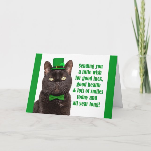 Happy St Patricks Day For Anyone Cute Black Cat  Holiday Card (Front)