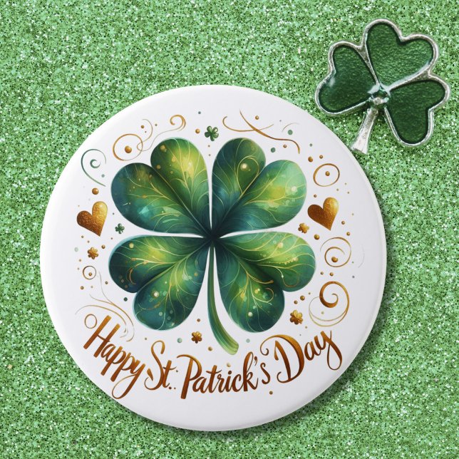 Happy St Patrick's Day Four Leaf Clover 7.5 Cm Round Badge (Happy St Patrick's Day Four Leaf Clover Button)