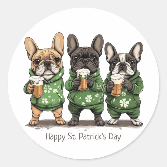 Happy St. Patrick's Day French Bulldogs Classic Round Sticker (Front)