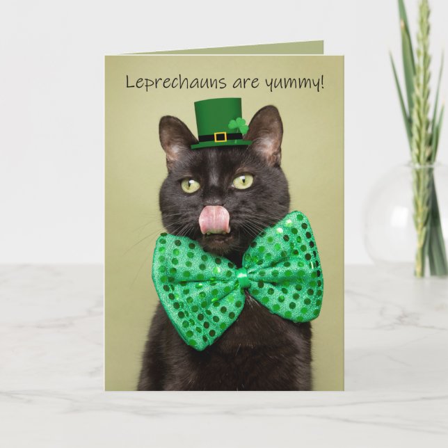 Happy St. Patrick's Day Funny Black Cat Holiday Card (Front)