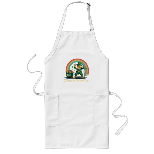 Happy St Patricks Day Funny Leprechaun Long Apron (Front)