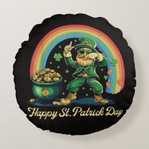 Happy St Patricks Day Funny Leprechaun Round Cushion