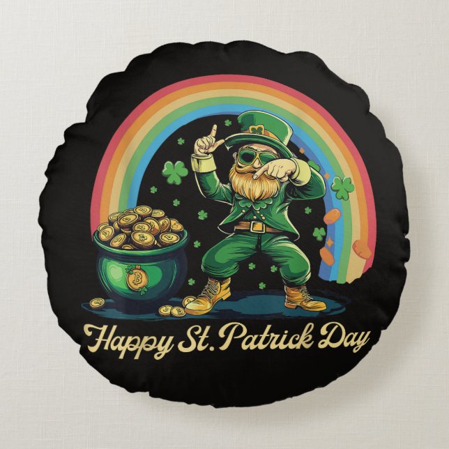 Happy St Patricks Day Funny Leprechaun Round Cushion (Front)