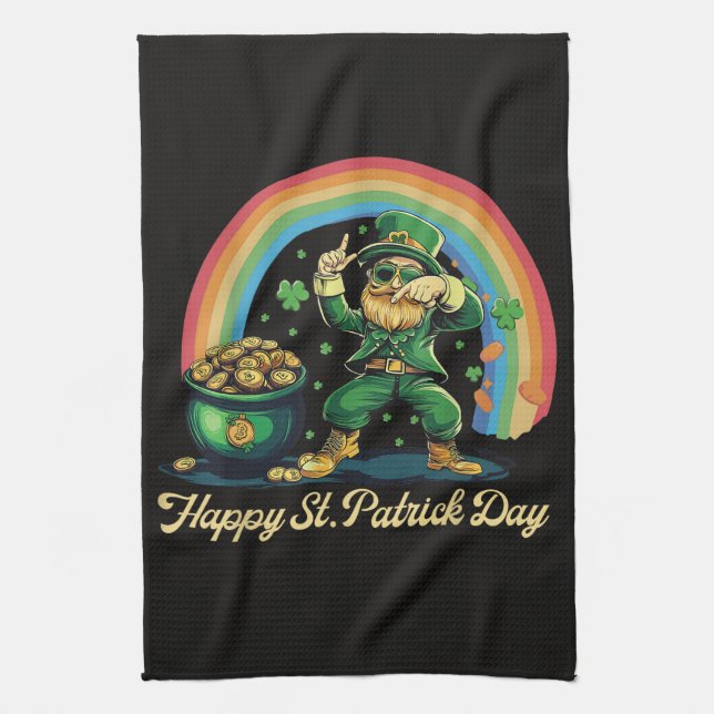 Happy St Patricks Day Funny Leprechaun Tea Towel (Vertical)