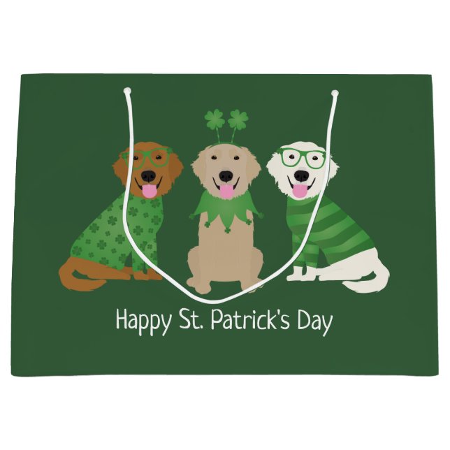 Happy St Patricks Day Golden Retriever Dogs Large Gift Bag (Front)