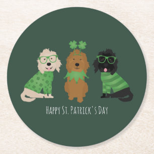 Happy St Patricks Day Goldendoodle Dogs Round Paper Coaster