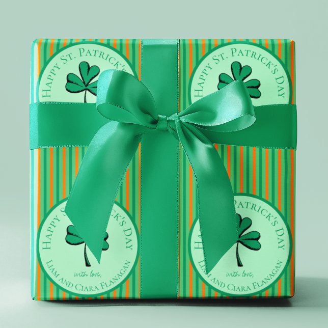 Happy St Patrick's Day Green and Orange Kids Wrapping Paper (St. Patrick's Day Irish Design. Green and Orange Stripes with Good Luck Green Clover for Kids.)