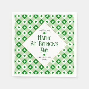 Happy St Patrick's Day Green Clover Plaid Name Napkin