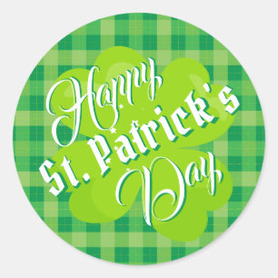 Happy St. Patrick's Day Green Tartan Lucky Clover Classic Round Sticker
