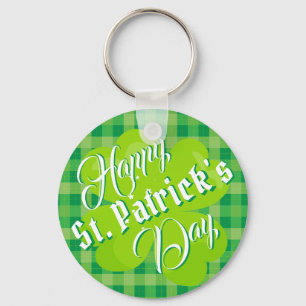Happy St. Patrick's Day Green Tartan Lucky Clover Key Ring