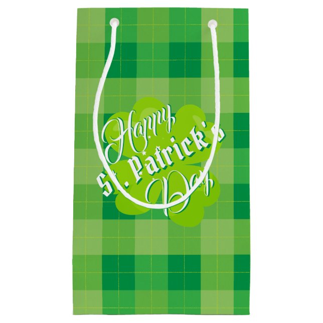 Happy St. Patrick's Day Green Tartan Lucky Clover Small Gift Bag (Front)