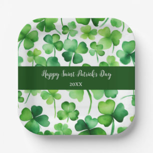 Happy St Patricks Day Green Watercolor Shamrock Paper Plate