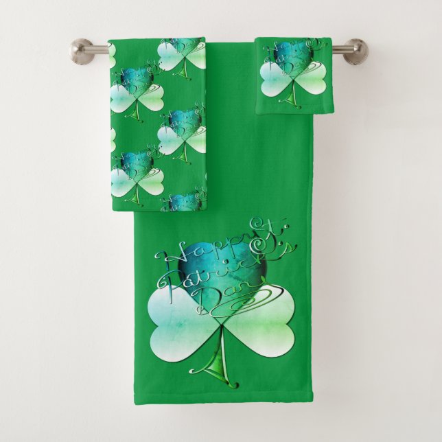 "Happy St. Patrick's Day" Hand-written Bath Towel Set (Insitu)
