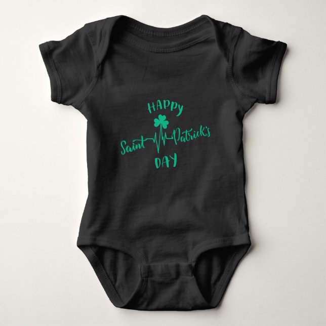 Happy St Patricks Day Heartbeat pulse Shamrock Baby Bodysuit (Front)