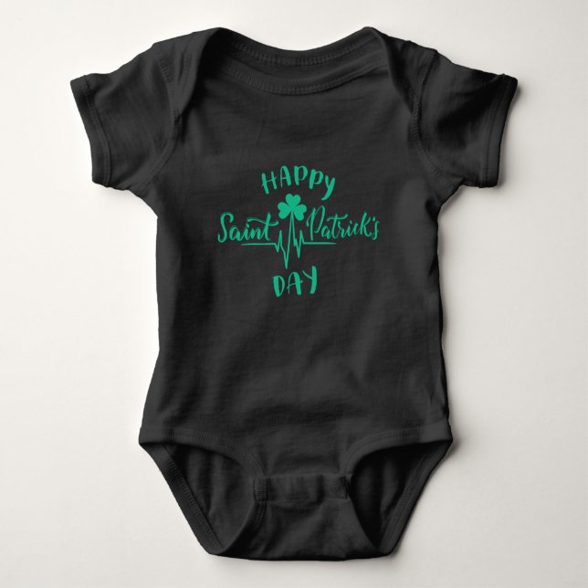 Happy St Patricks Day Heartbeat pulse Shamrock Baby Bodysuit (Front)
