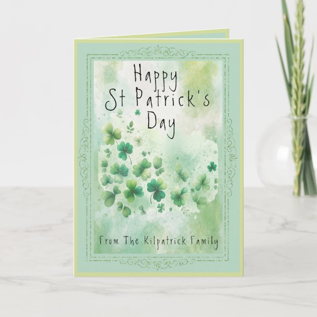 Happy St Patrick's Day Irish Shamrock Watercolor Card (Front)