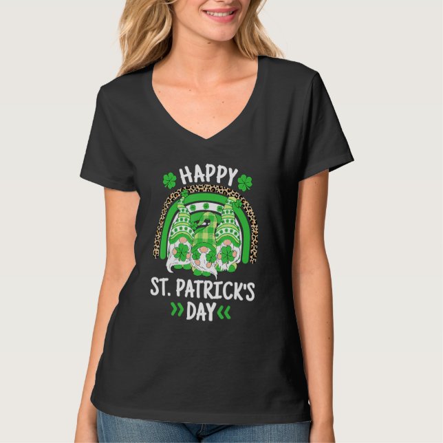 Happy St Patricks Day Leopard Rainbow Irish Gnomes T-Shirt (Front)