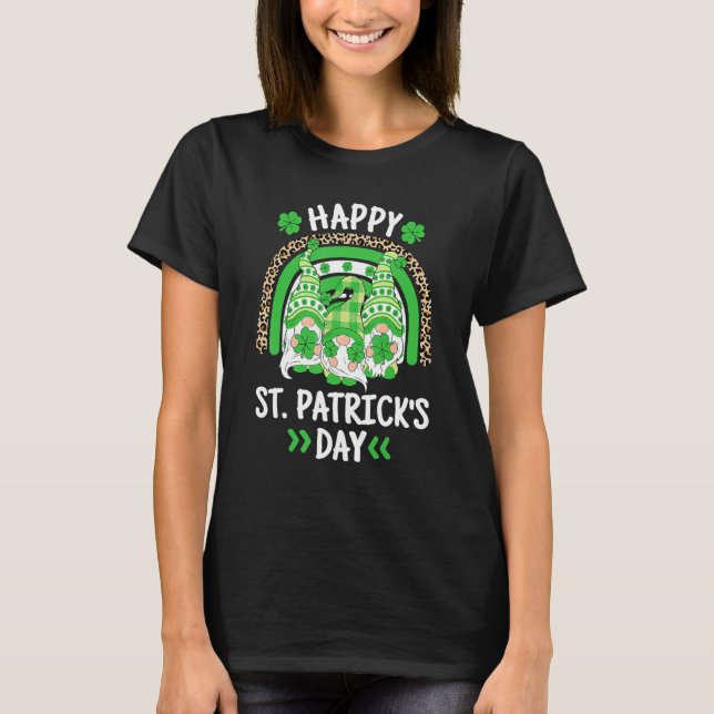 Happy St Patricks Day Leopard Rainbow Irish Gnomes T-Shirt (Front)