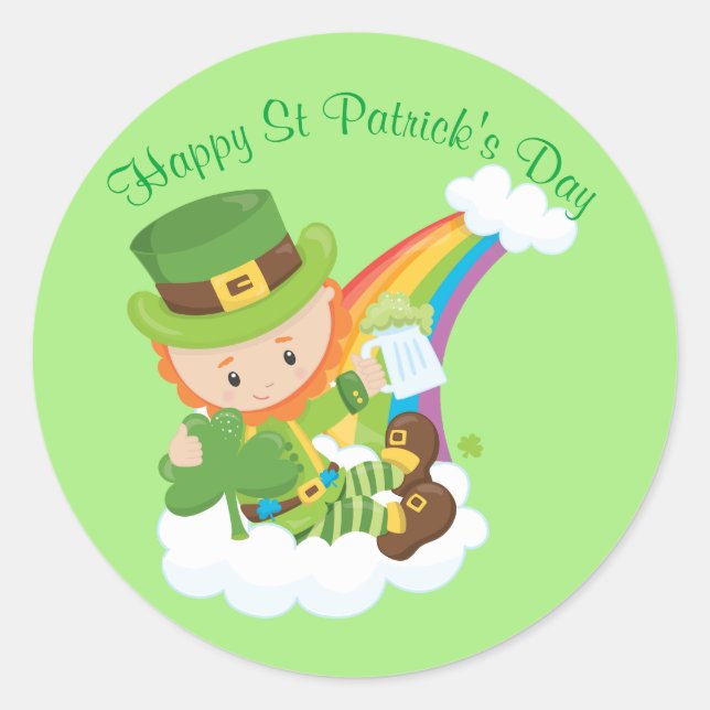 Happy St Patrick's Day Leprechaun Classic Round Sticker (Front)