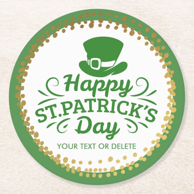 Happy St Patricks Day Leprechaun Hat Custom Text Round Paper Coaster (Front)
