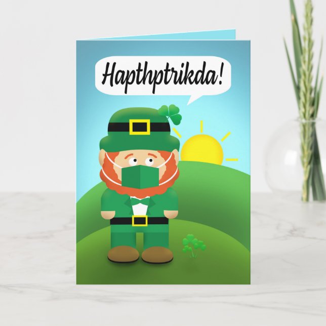 Happy St Patrick's Day Leprechaun in Face Mask Holiday Card (Front)