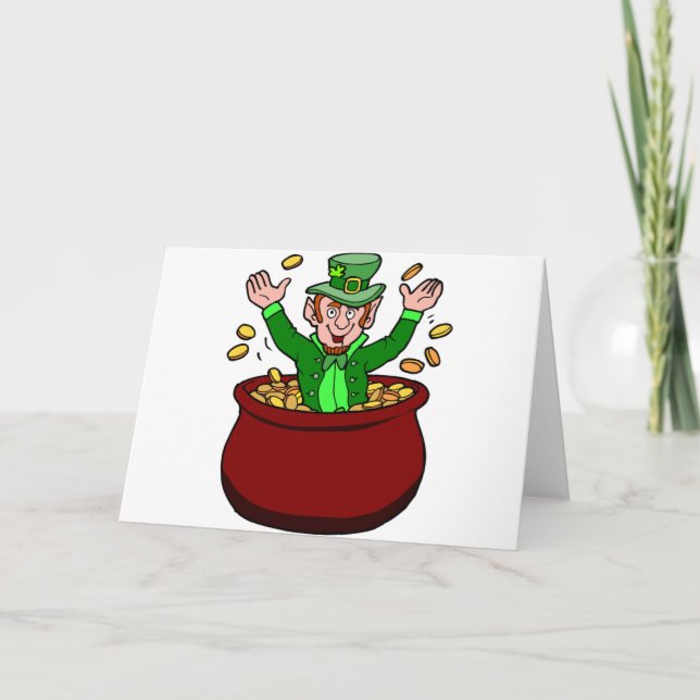 Happy St Patricks Day Leprechaun Pot Of Gold Coins Card (Front)
