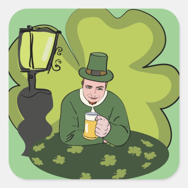 "HAPPY ST. PATRICK'S DAY" LEPRECHAUN SQUARE STICKER (Front)