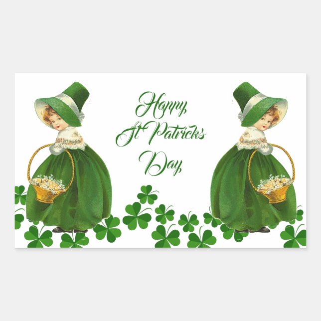 Happy St Patrick's Day Little Girl Lucky Shamrocks Rectangular Sticker (Front)