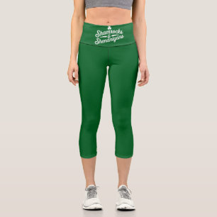 Happy St Patricks Day Lucky Shamrock&Shenanigans Capri Leggings
