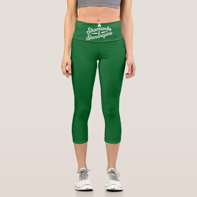 Happy St Patricks Day Lucky Shamrock&Shenanigans Capri Leggings (Front)