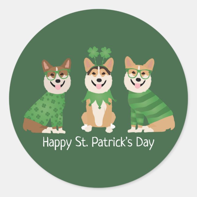 Happy St Patricks Day Pembroke Welsh Corgi Dogs Classic Round Sticker (Front)