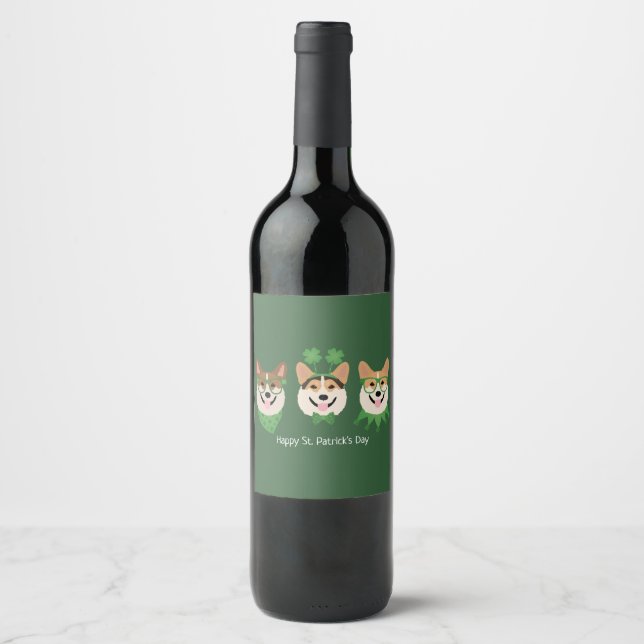 Happy St Patricks Day Pembroke Welsh Corgi Dogs Wine Label (Front)