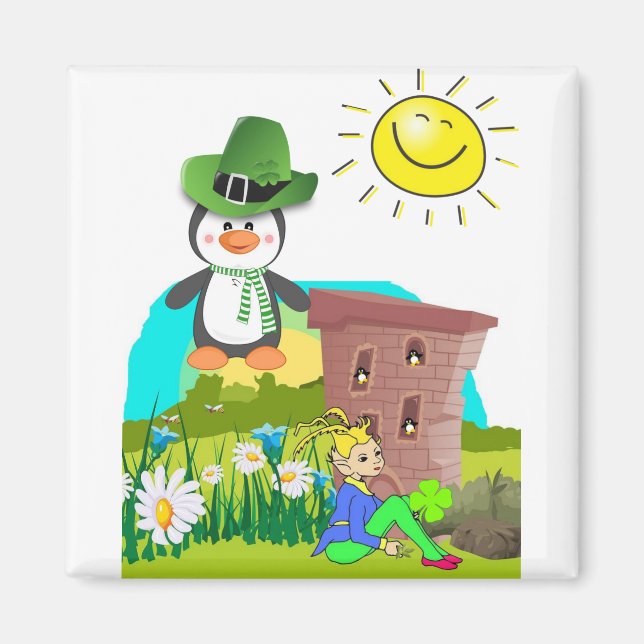 happy st. patrick's day penguin leprechaun magnet (Front)