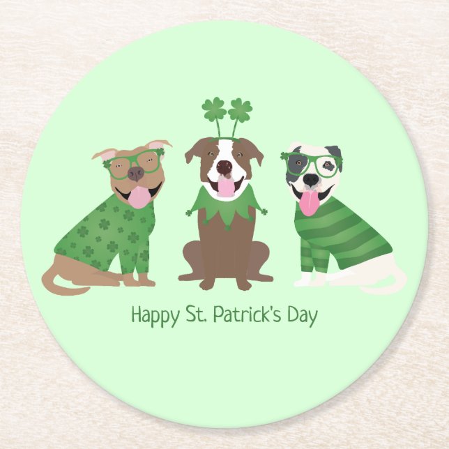 Happy St Patricks Day Pit Bull Dogs Round Paper Coaster (Front)