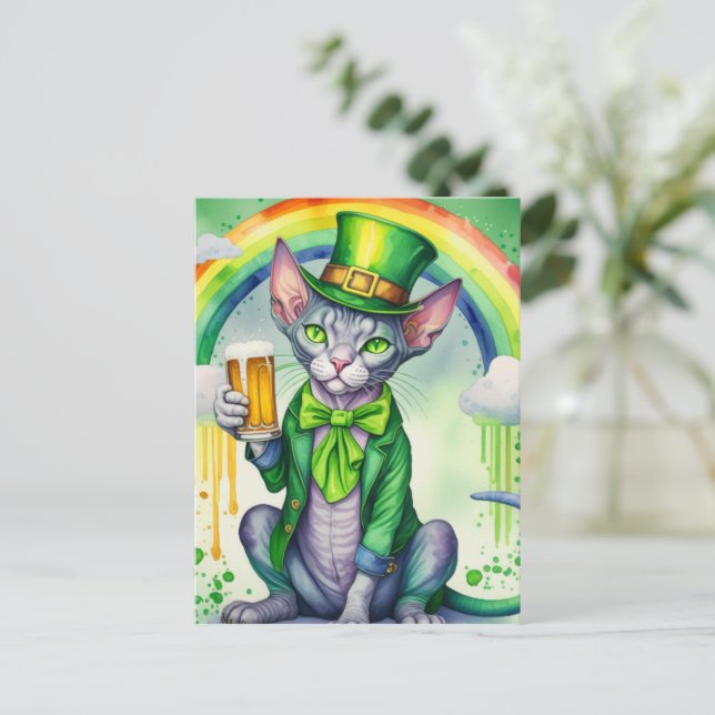 Happy St. Patrick's Day Postcard | Sphynx Cat  (Standing Front)