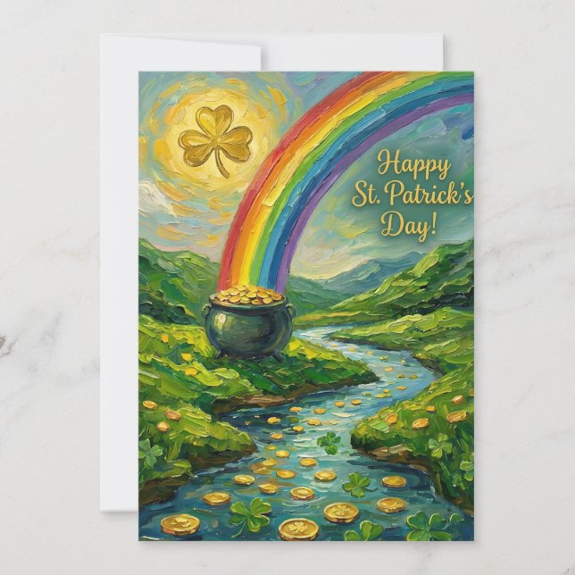Happy St. Patrick's Day Pot of Gold Rainbow Holiday Card (Front)
